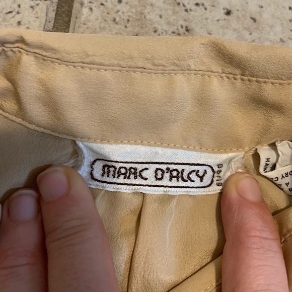 Vintage Marc D'Alcy Paris Tan Pleated Blouse Silky Secretary Shirt 80s/90s M - Picture 3 of 8